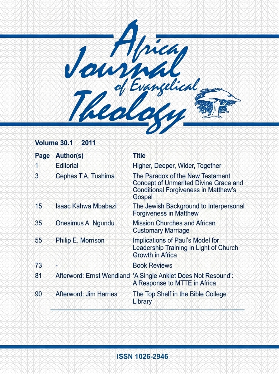 					View Vol. 30 No. 1 (2011): Africa Journal of Evangelical Theology (AJET)
				